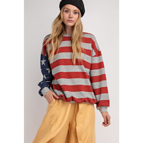 Maglione a maniche lunghe con stampa della bandiera USA Pullover Grigio