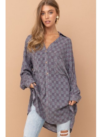 Hi-Lo Oversized Checker Shirt Dress Blu