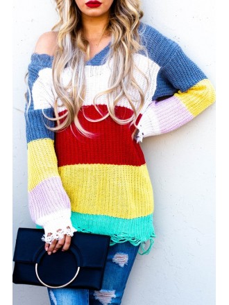 Maglione tunica Pullover in maglia a blocchi di colore arcobaleno con effetto distressed