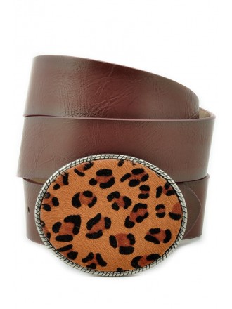 Cintura con fibbia ovale grande con stampa leopardata Marrone scuro