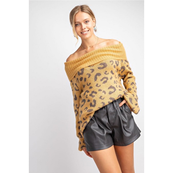 Maglione pullover con stampa leopardo e scollo a cappuccio Senape