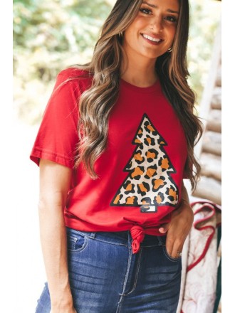 Maglietta grafica con albero di leopardo rossa