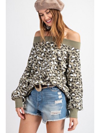 Leopard Terry Knit Off Shoulder Top Olive