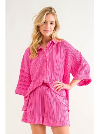 Set camicia e pantaloncini plissettati button-up rosa