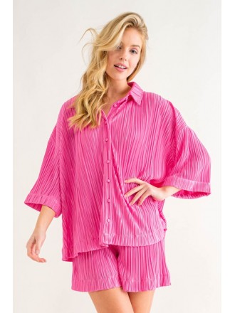 Set camicia e pantaloncini plissettati button-up rosa