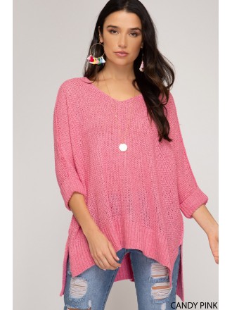 Top maglione Hi-Lo rosa confetto con maniche a 3/4 e polsini ripiegati