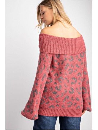 Maglione pullover con stampa leopardo e collo a cappuccio Marsala